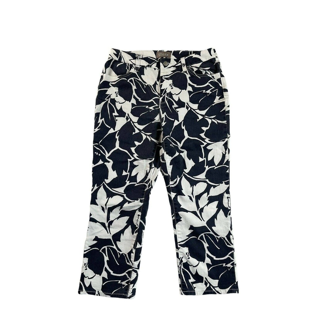 Chico’s Jean Capris Womens 0.5 S/6 Dark Blue White Floral Print Mid Rise